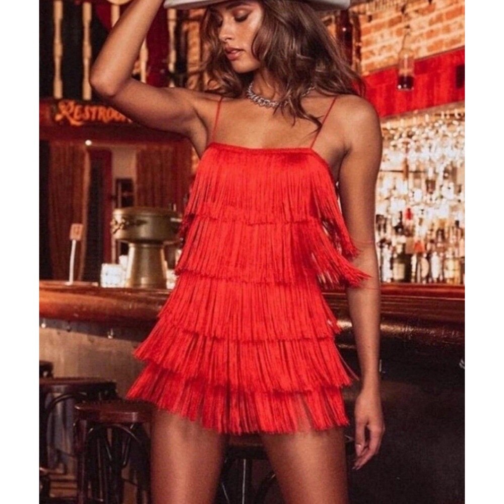 Red Vintage Fringe Flapper Dress Mini Stretch Modern Women’s Size M Tiered